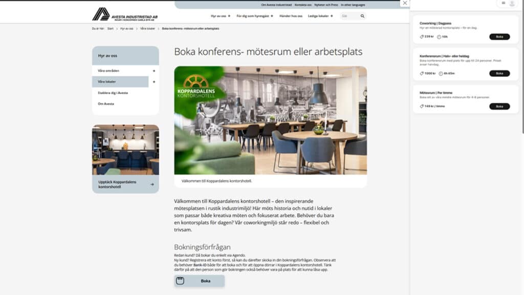 Skärmdump från en hemsida som visar ett bokningssystem.
